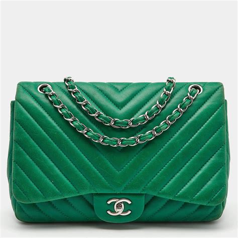 chanel green chevron classic flap 2019